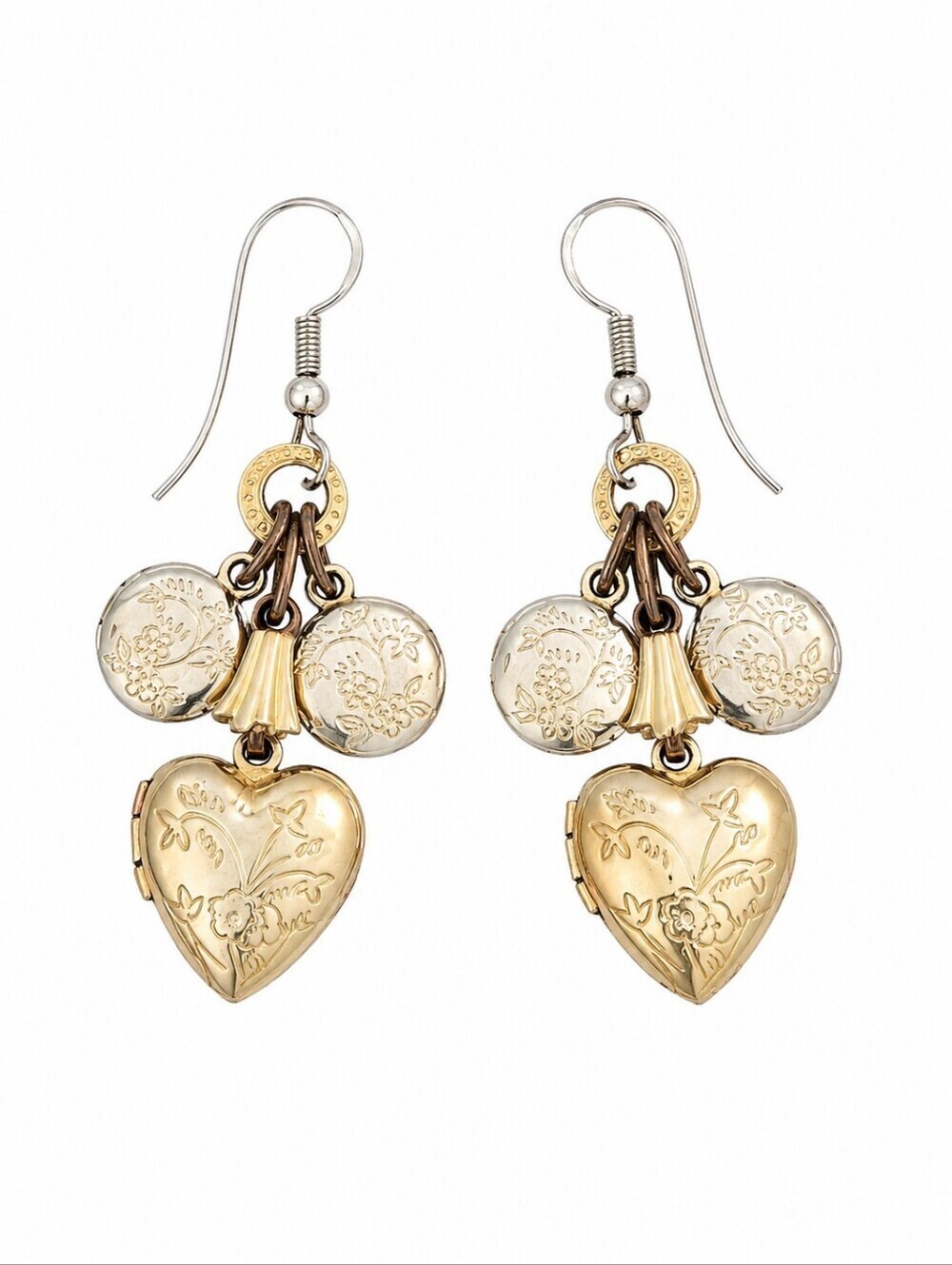 Two-tone Heart Locket Dangle Hook Earrings